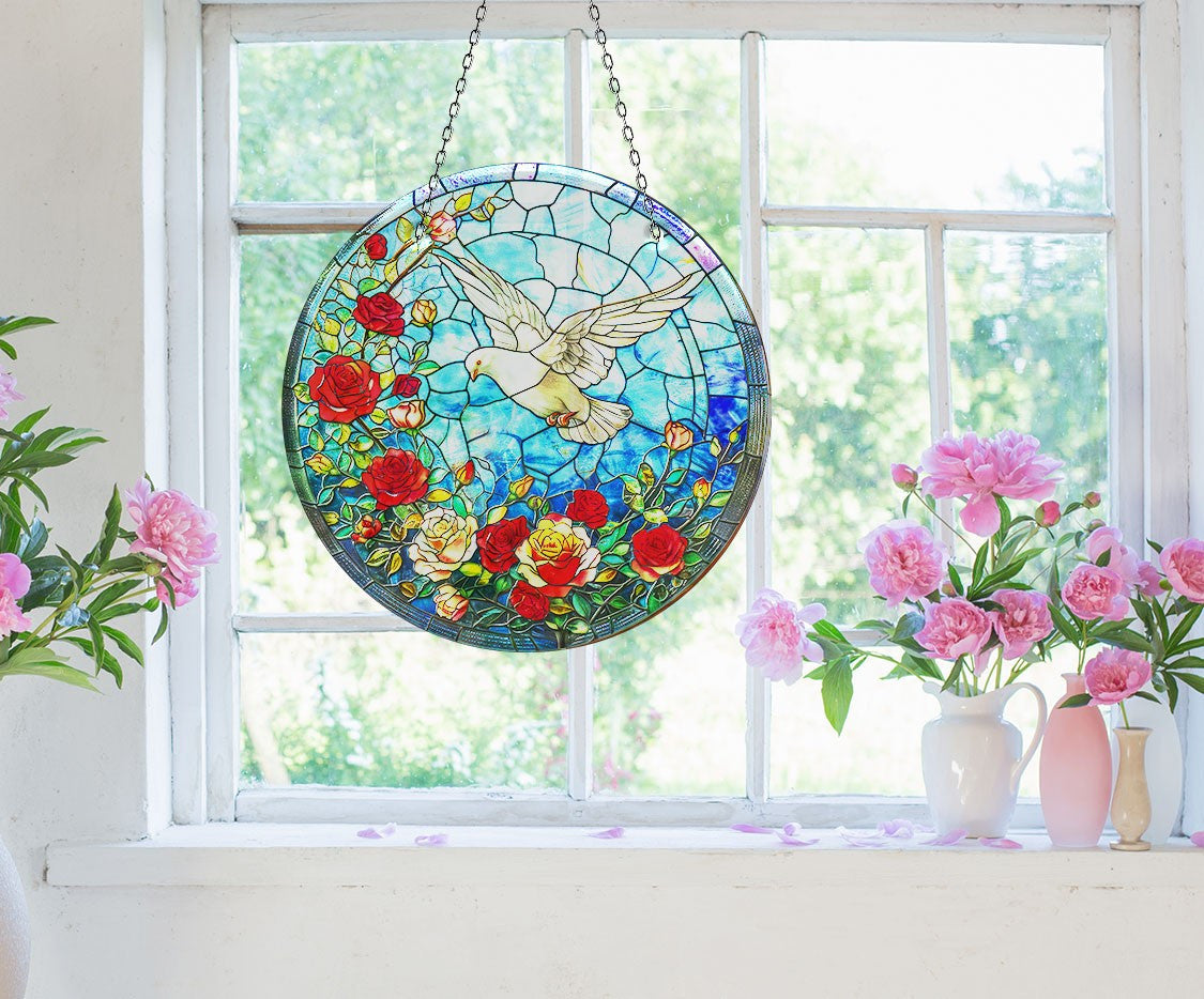 White Brids Stained Faux Stained Glass Suncatcher Window Hanging Home Decor Sun Catcher Gift Idea