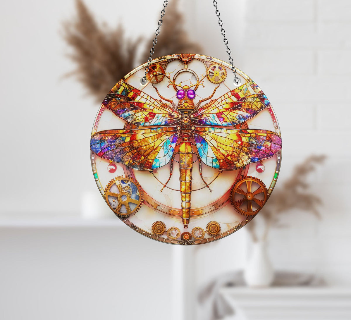 Dragonfly Colorful Faux Stained Glass Suncatcher Window Hanging Home Decor Sun Catcher Gift Idea