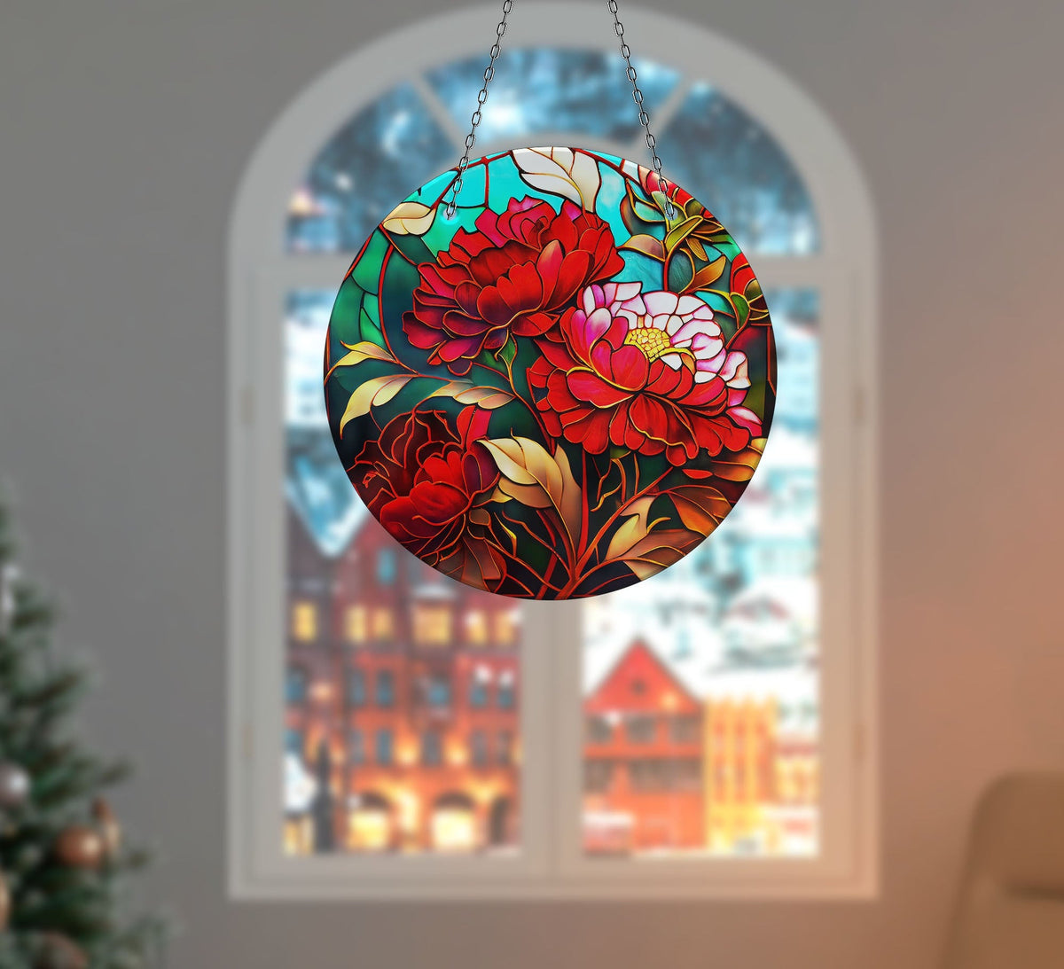 Red Flower Faux Stained Glass Suncatcher Window Hanging Home Decor Sun Catcher Gift Idea