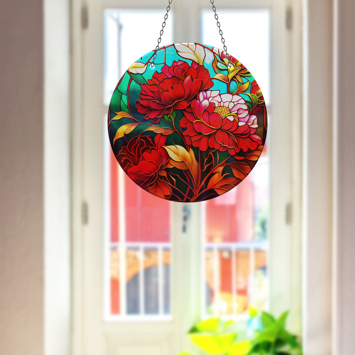 Red Flower Faux Stained Glass Suncatcher Window Hanging Home Decor Sun Catcher Gift Idea
