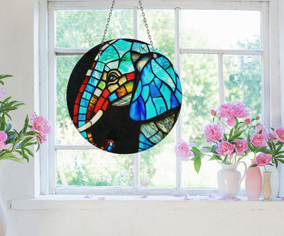 Mosaic Elephant Faux Stained Glass Suncatcher Window Hanging Home Decor Sun Catcher Gift Idea