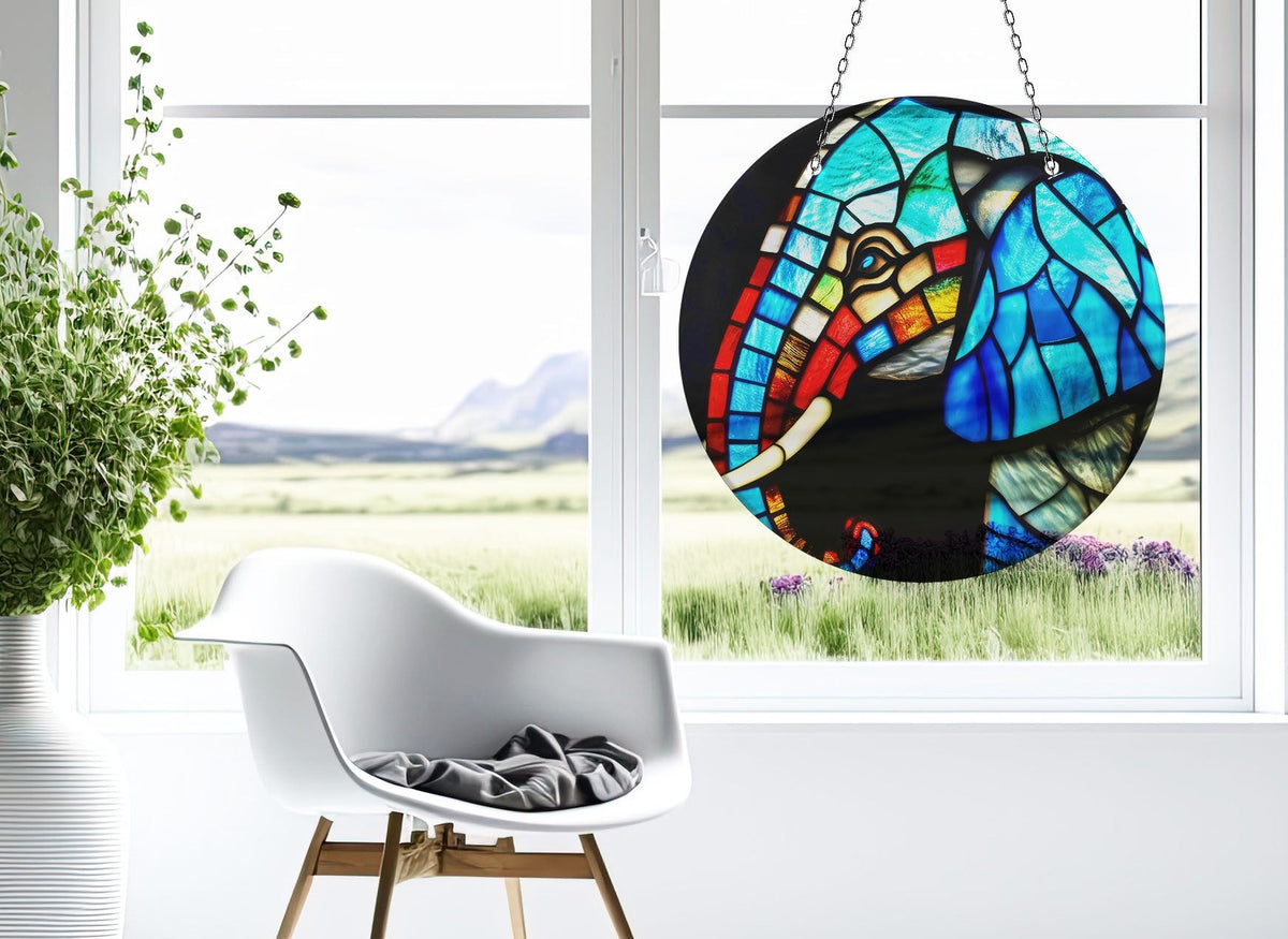 Mosaic Elephant Faux Stained Glass Suncatcher Window Hanging Home Decor Sun Catcher Gift Idea