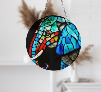 Mosaic Elephant Faux Stained Glass Suncatcher Window Hanging Home Decor Sun Catcher Gift Idea