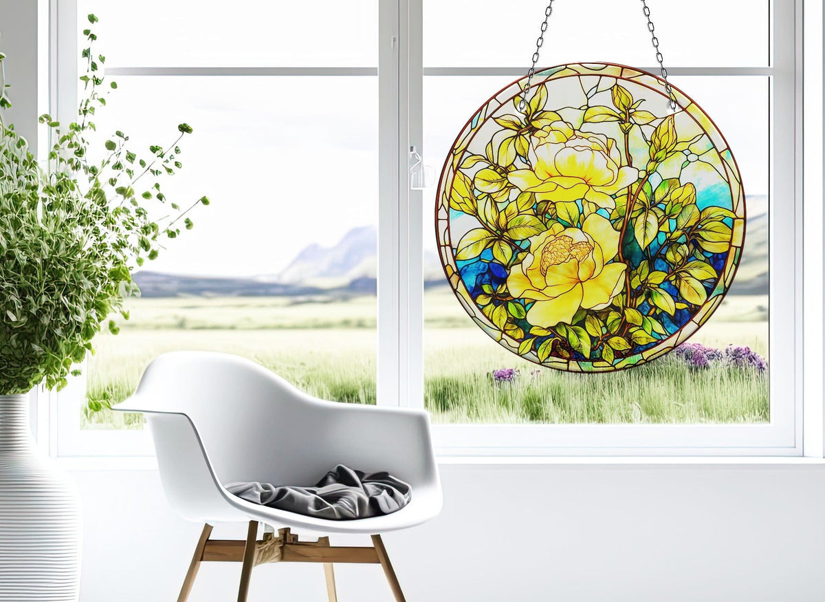 Yellow Botanical Faux Stained Glass Suncatcher Window Hanging Home Decor Sun Catcher Gift Idea Decor