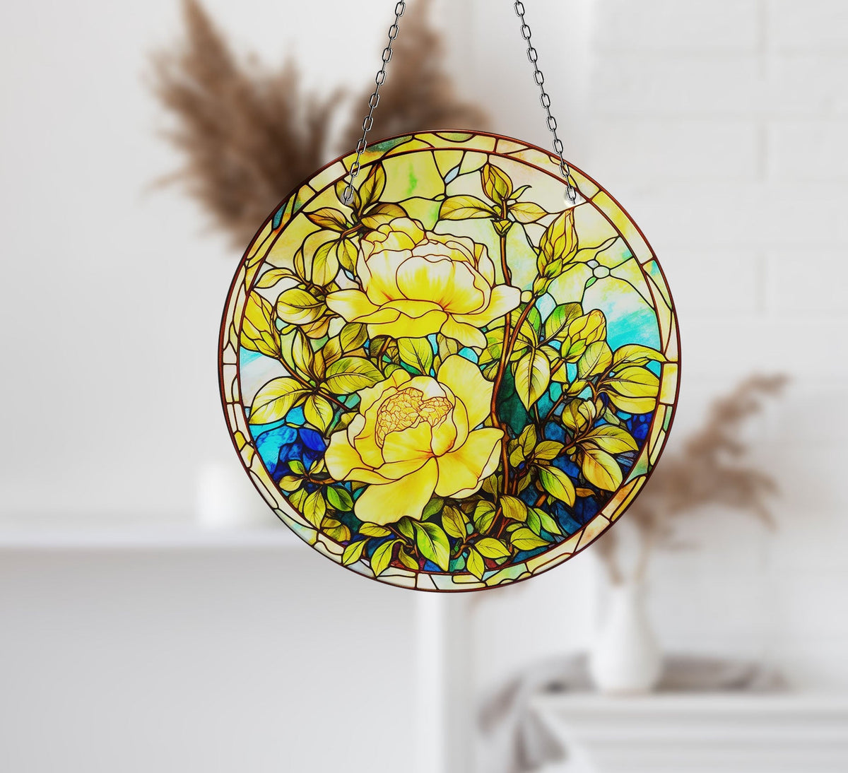 Yellow Botanical Faux Stained Glass Suncatcher Window Hanging Home Decor Sun Catcher Gift Idea Decor