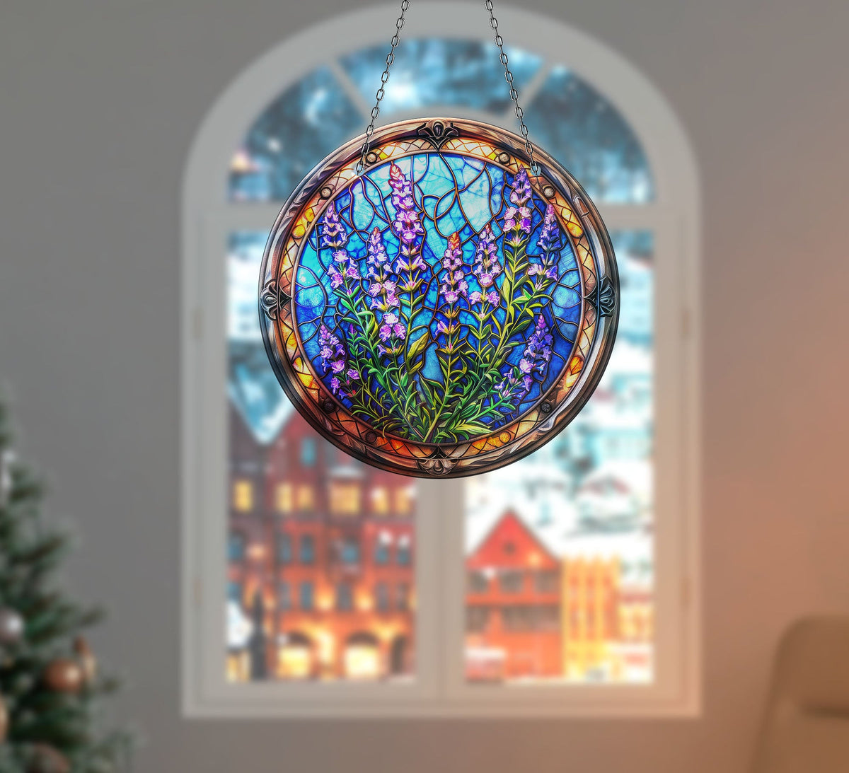 Lavender Feild Art  Stained  Faux Stained Glass Suncatcher Window Hanging Home Decor Sun Catcher Gift Idea