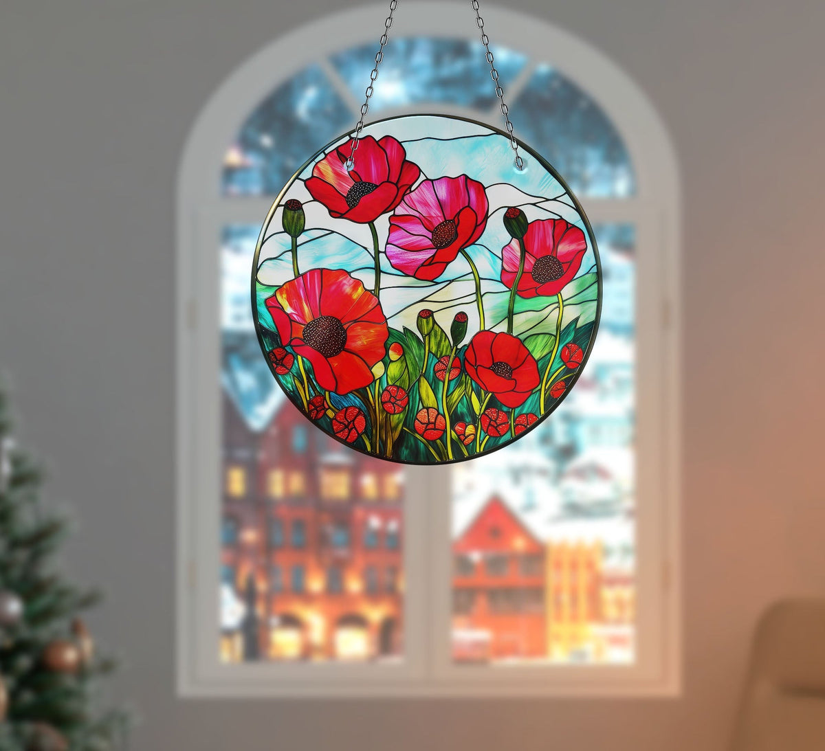 Red Poppy Flower Faux Stained Glass Suncatcher Window Hanging Home Decor Sun Catcher Gift Idea