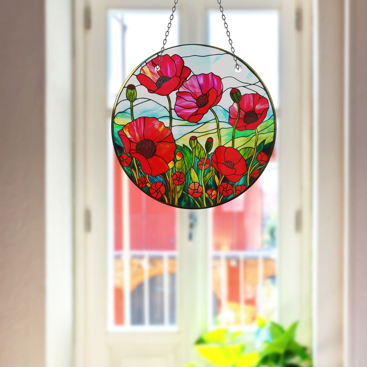 Red Poppy Flower Faux Stained Glass Suncatcher Window Hanging Home Decor Sun Catcher Gift Idea