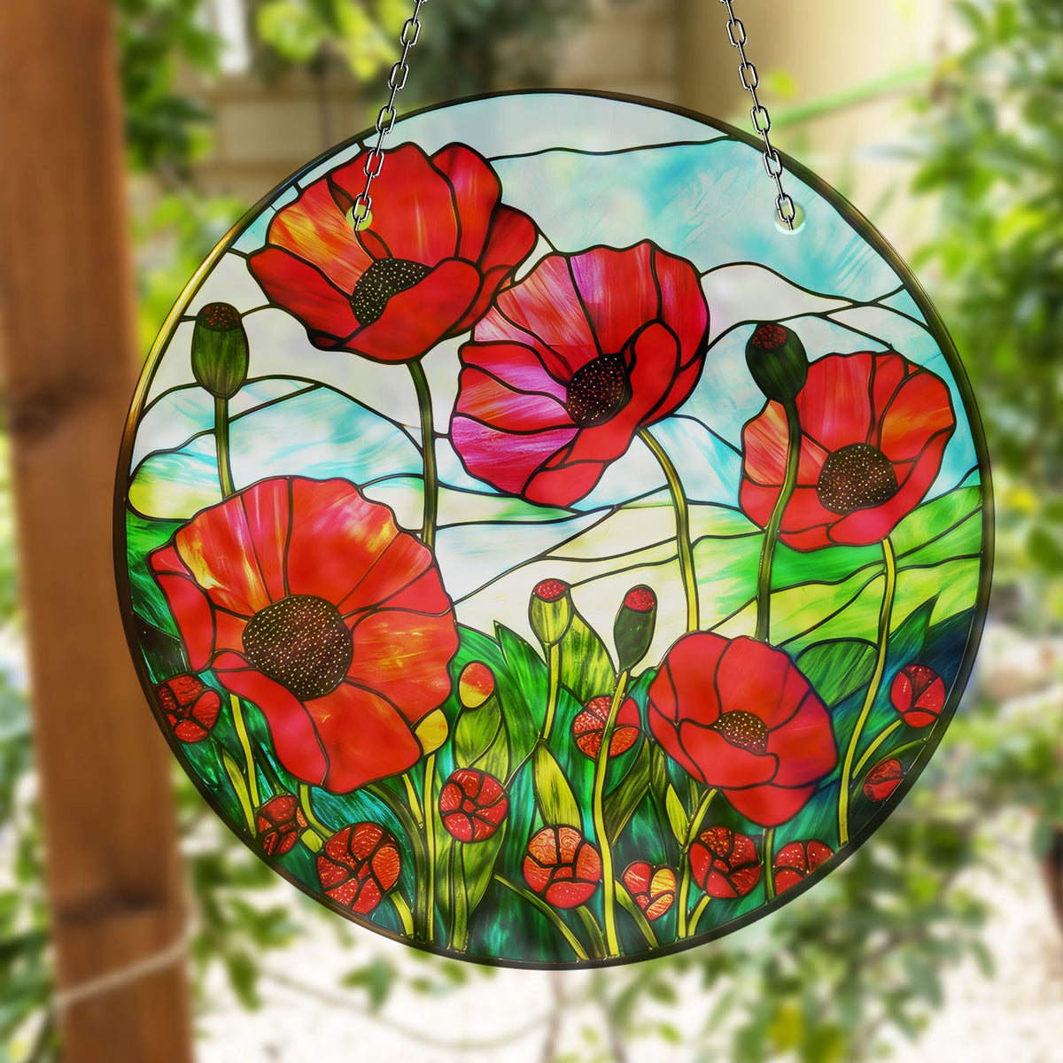 Red Poppy Flower Faux Stained Glass Suncatcher Window Hanging Home Decor Sun Catcher Gift Idea