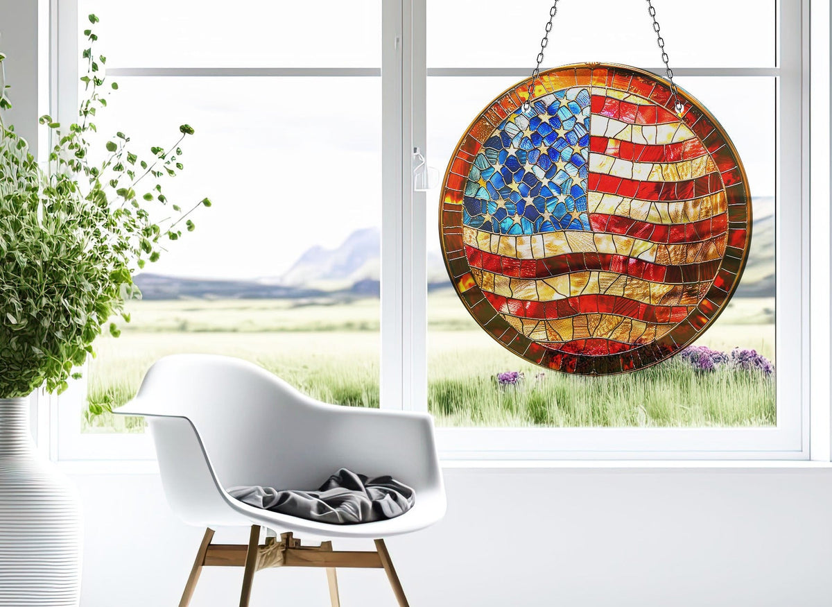 American Flag Faux Stained Glass Suncatcher Window Hanging Home Decor Sun Catcher Gift Idea Decor
