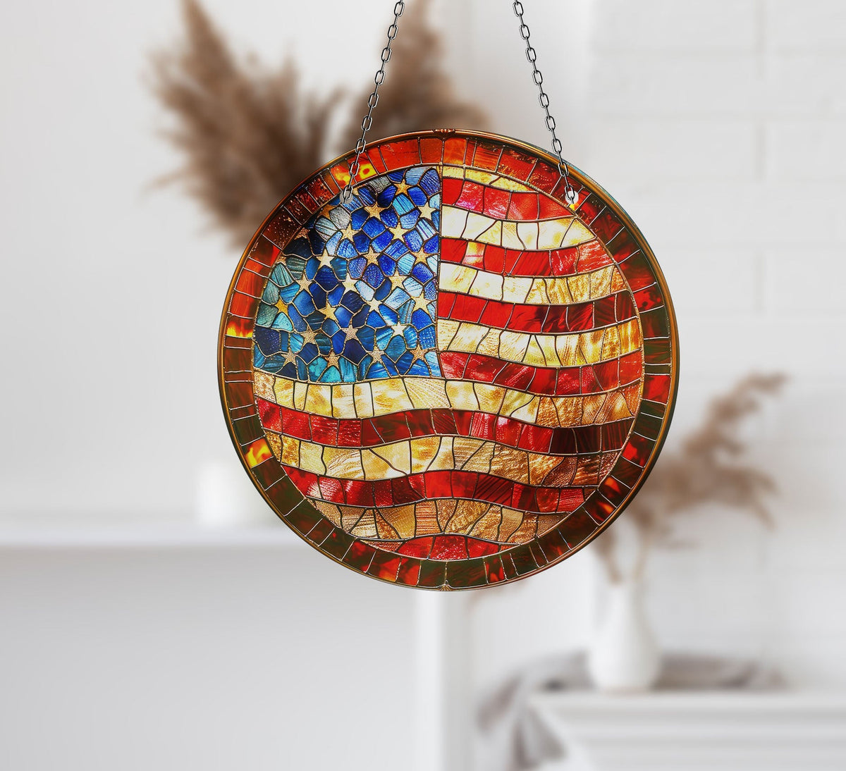 American Flag Faux Stained Glass Suncatcher Window Hanging Home Decor Sun Catcher Gift Idea Decor