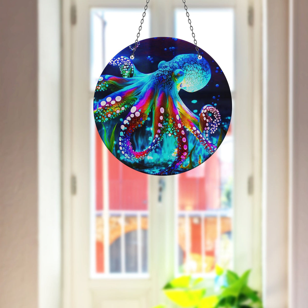 Blue Octopus Faux Stained Glass Suncatcher Window Hanging Home Decor Sun Catcher Gift Idea