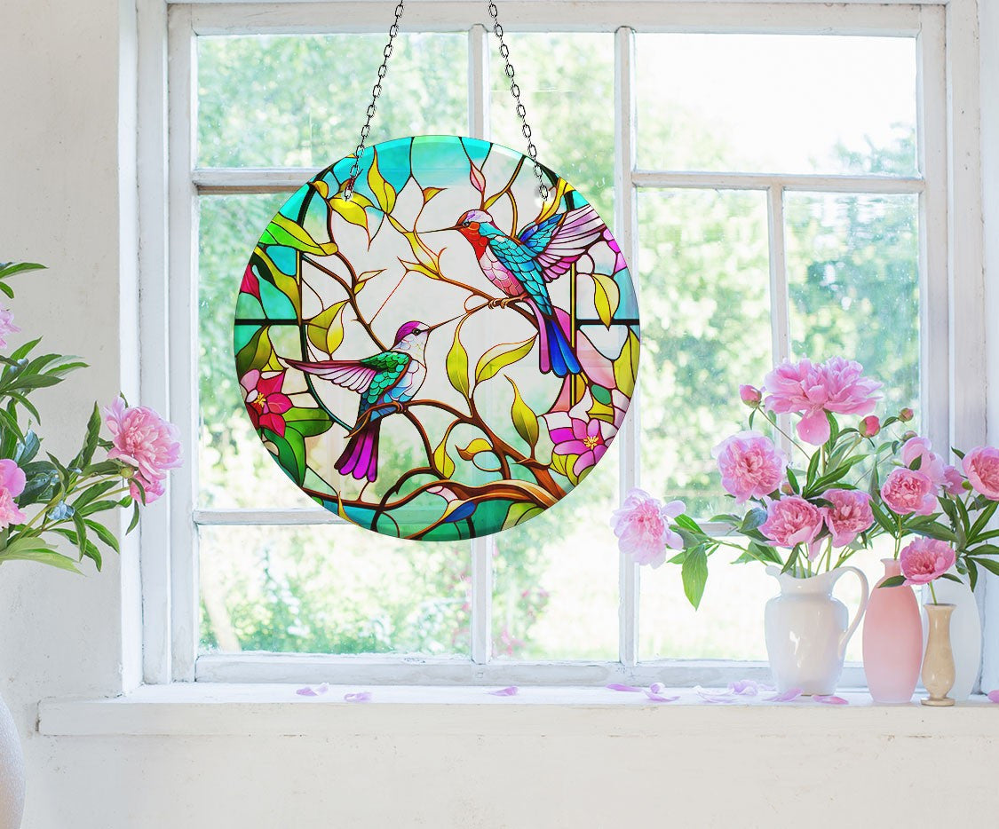 Vivid Colored Birds Faux Stained Glass Suncatcher Window Hanging Home Decor Sun Catcher Gift Idea