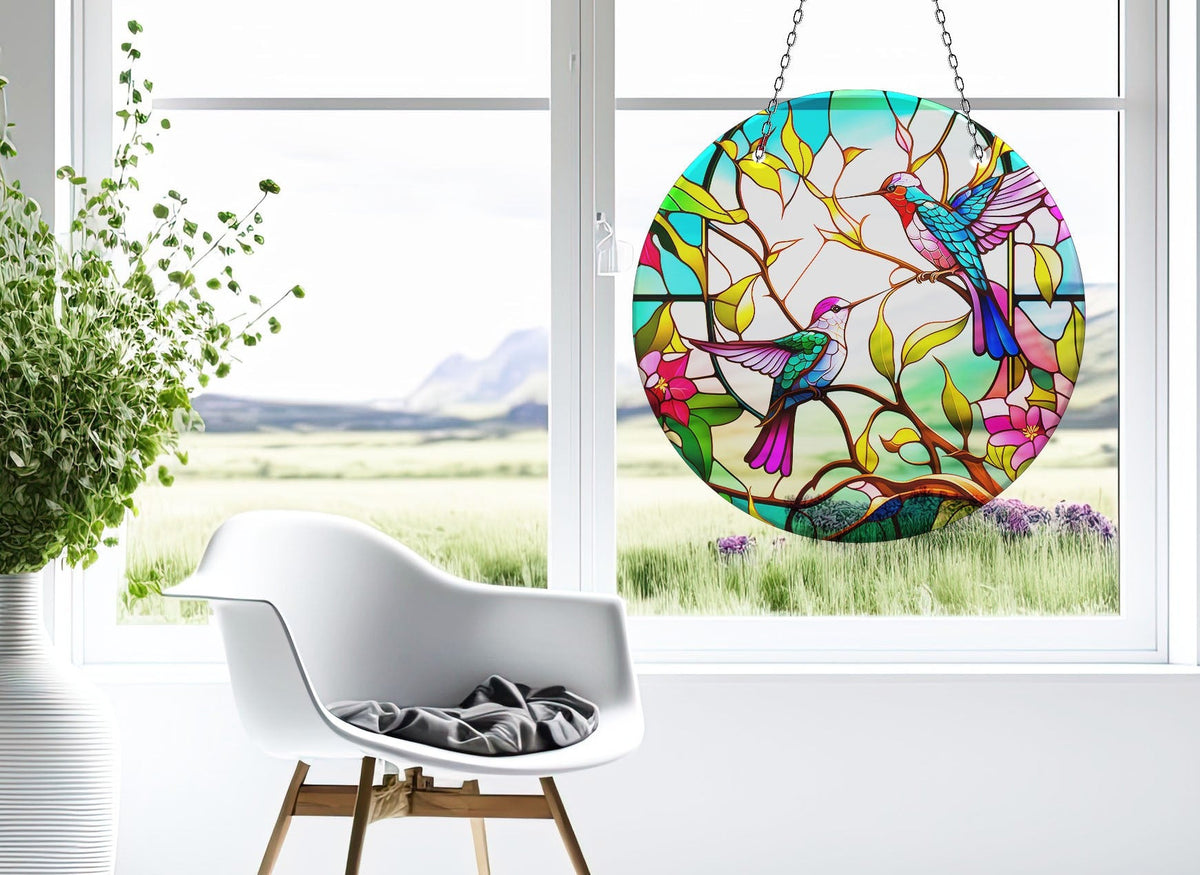 Vivid Colored Birds Faux Stained Glass Suncatcher Window Hanging Home Decor Sun Catcher Gift Idea