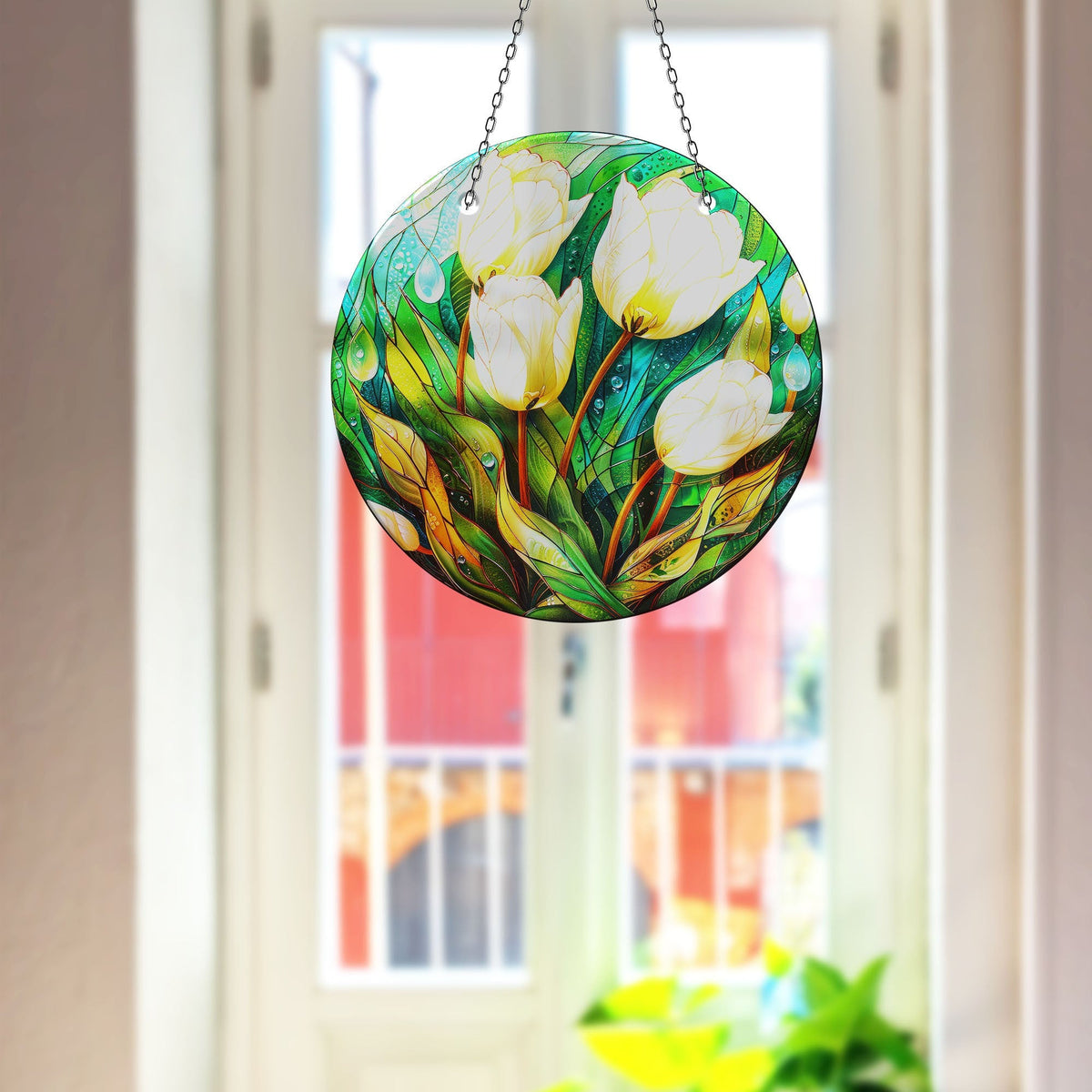 White Tulip Faux Stained Glass Suncatcher Window Hanging Home Decor Sun Catcher Gift Idea