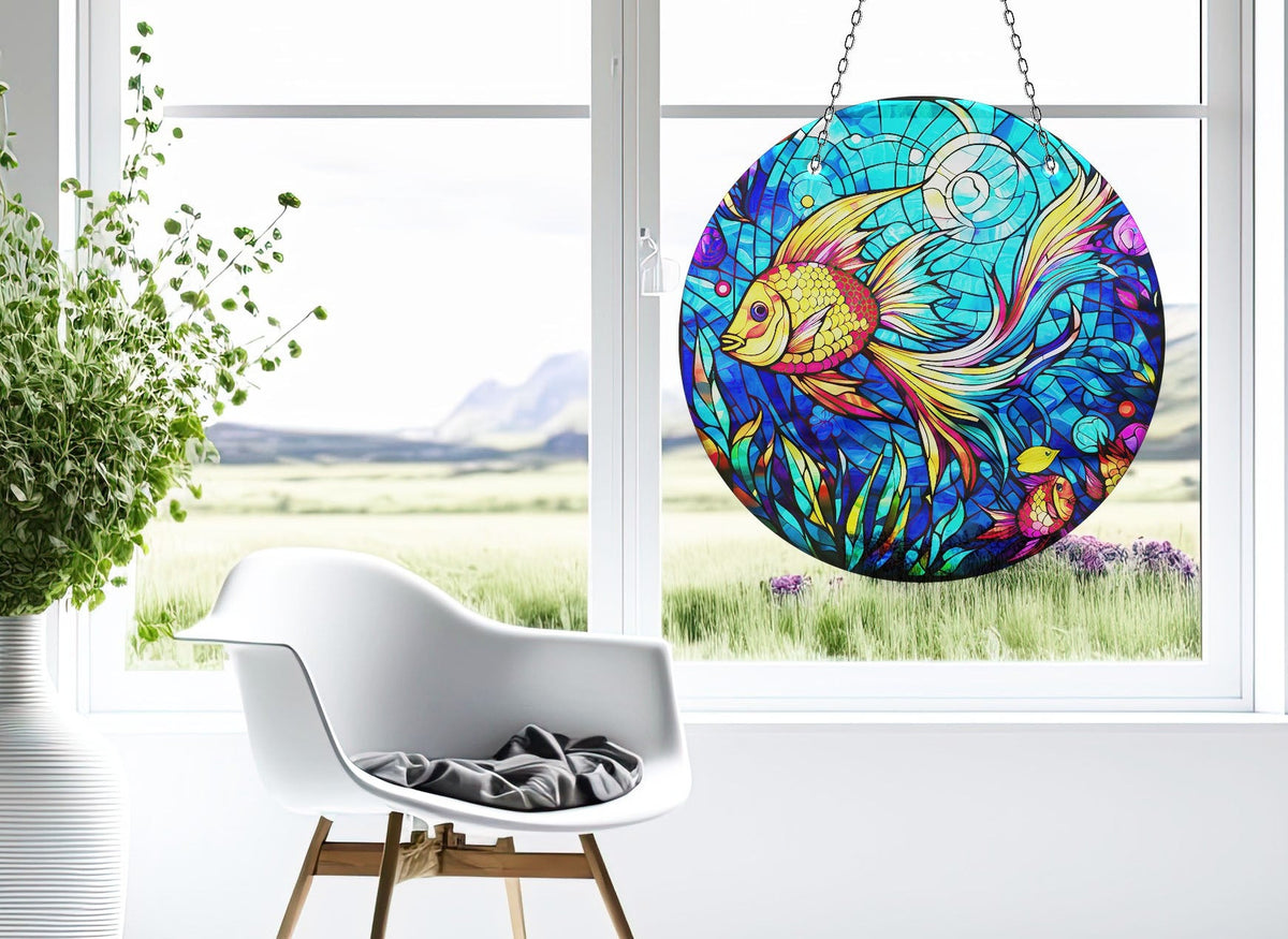 Gold Fish Faux Stained Glass Suncatcher Window Hanging Home Decor Sun Catcher Gift Idea Decor