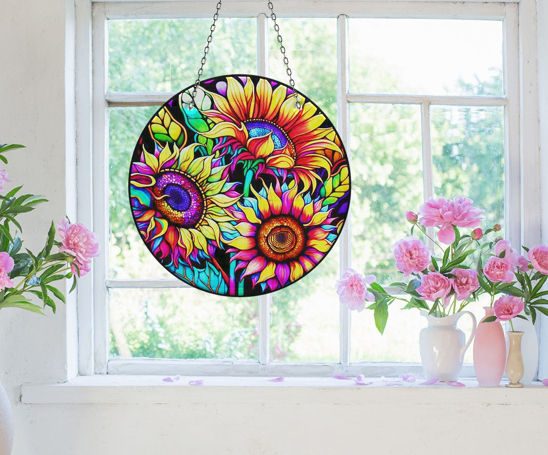 Vivid Sunflower Faux Stained Glass Suncatcher Window Hanging Home Decor Sun Catcher Gift Idea Decor