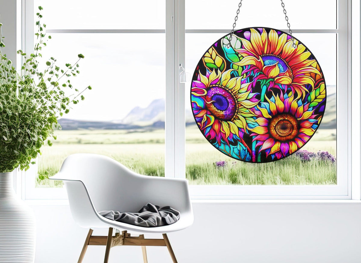 Vivid Sunflower Faux Stained Glass Suncatcher Window Hanging Home Decor Sun Catcher Gift Idea Decor