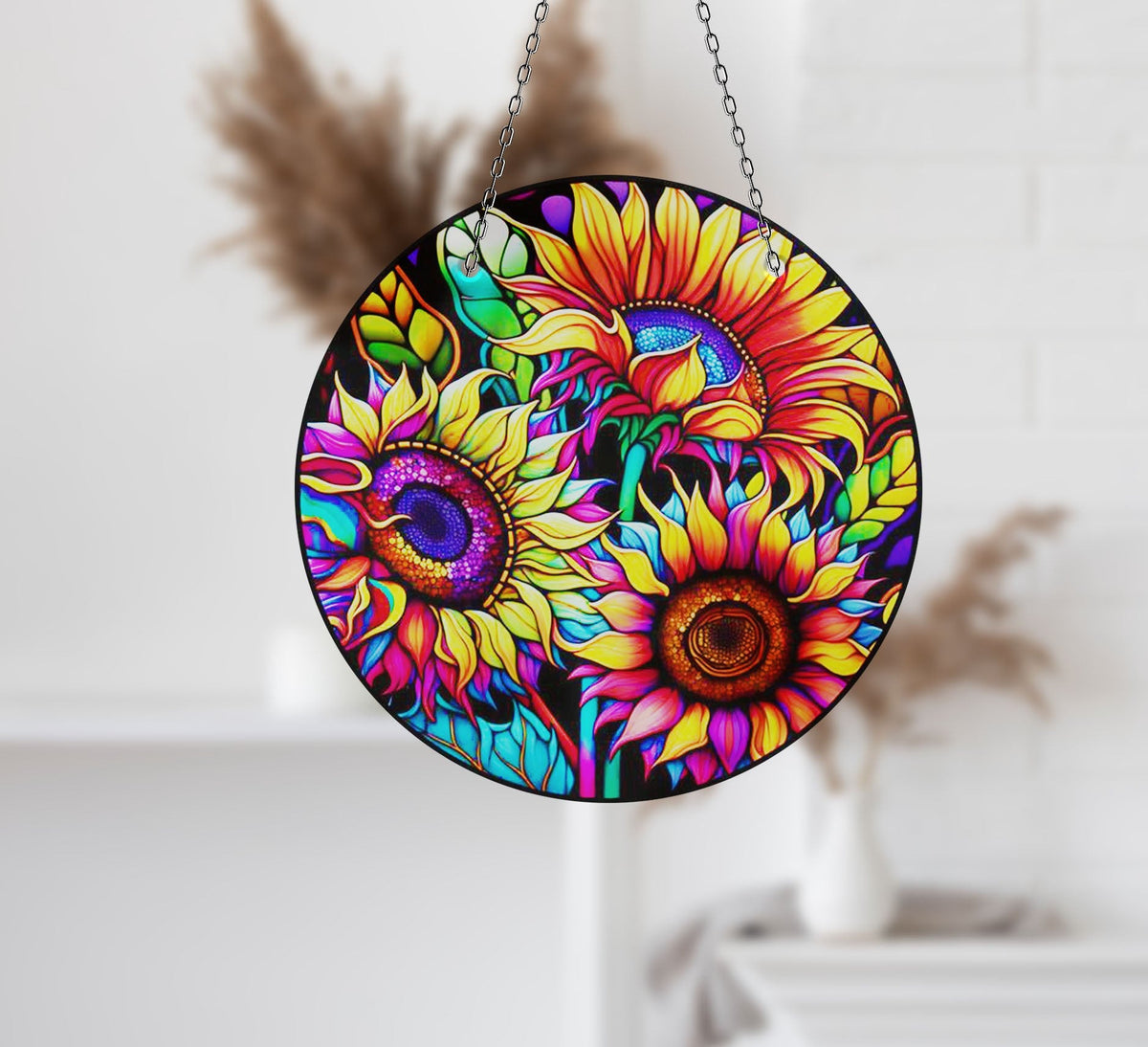 Vivid Sunflower Faux Stained Glass Suncatcher Window Hanging Home Decor Sun Catcher Gift Idea Decor