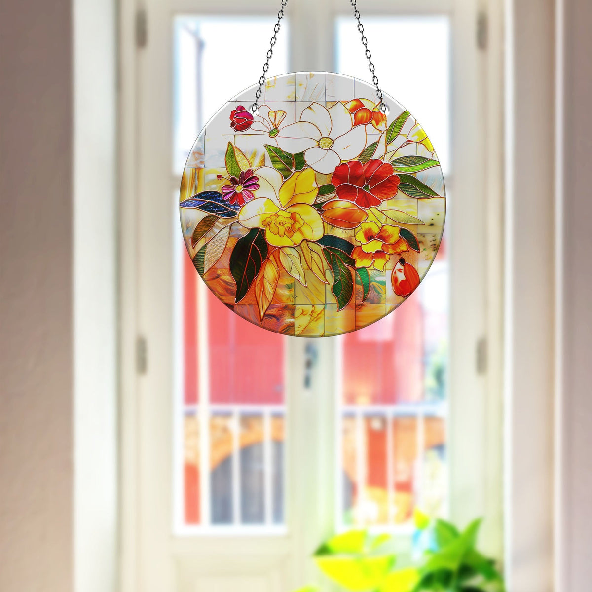Red & White Flowers Faux Stained Glass Suncatcher Window Hanging Home Decor Sun Catcher Gift Idea