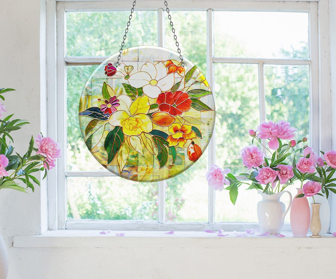 Red & White Flowers Faux Stained Glass Suncatcher Window Hanging Home Decor Sun Catcher Gift Idea