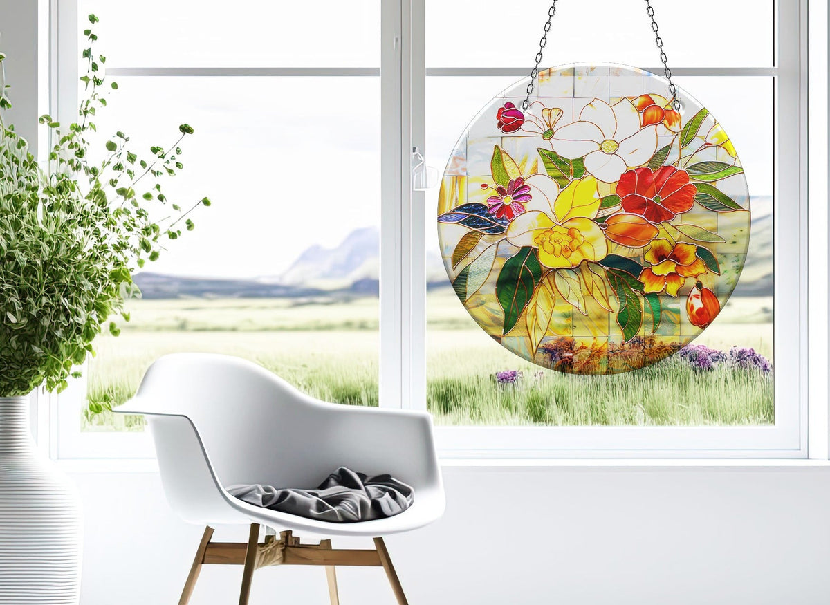Red & White Flowers Faux Stained Glass Suncatcher Window Hanging Home Decor Sun Catcher Gift Idea