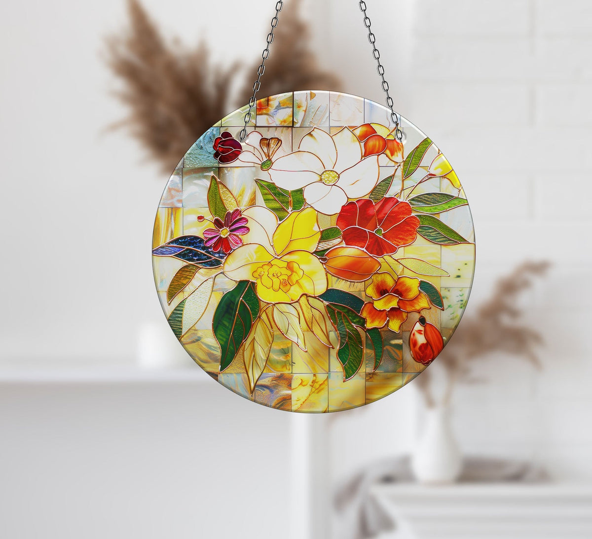 Red & White Flowers Faux Stained Glass Suncatcher Window Hanging Home Decor Sun Catcher Gift Idea