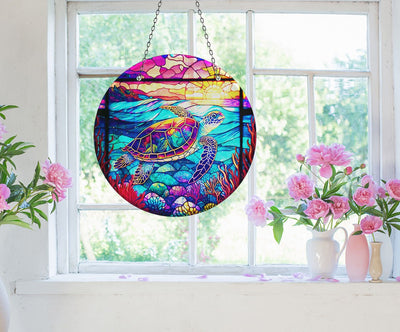 Purple Seaturtle Faux Stained Glass Suncatcher Window Hanging Home Decor Sun Catcher Gift Idea