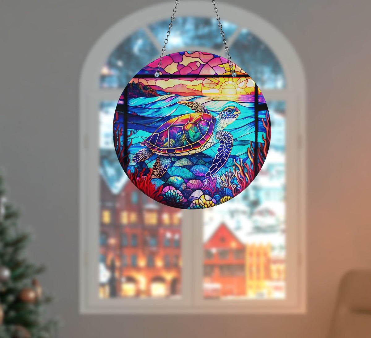 Purple Seaturtle Faux Stained Glass Suncatcher Window Hanging Home Decor Sun Catcher Gift Idea