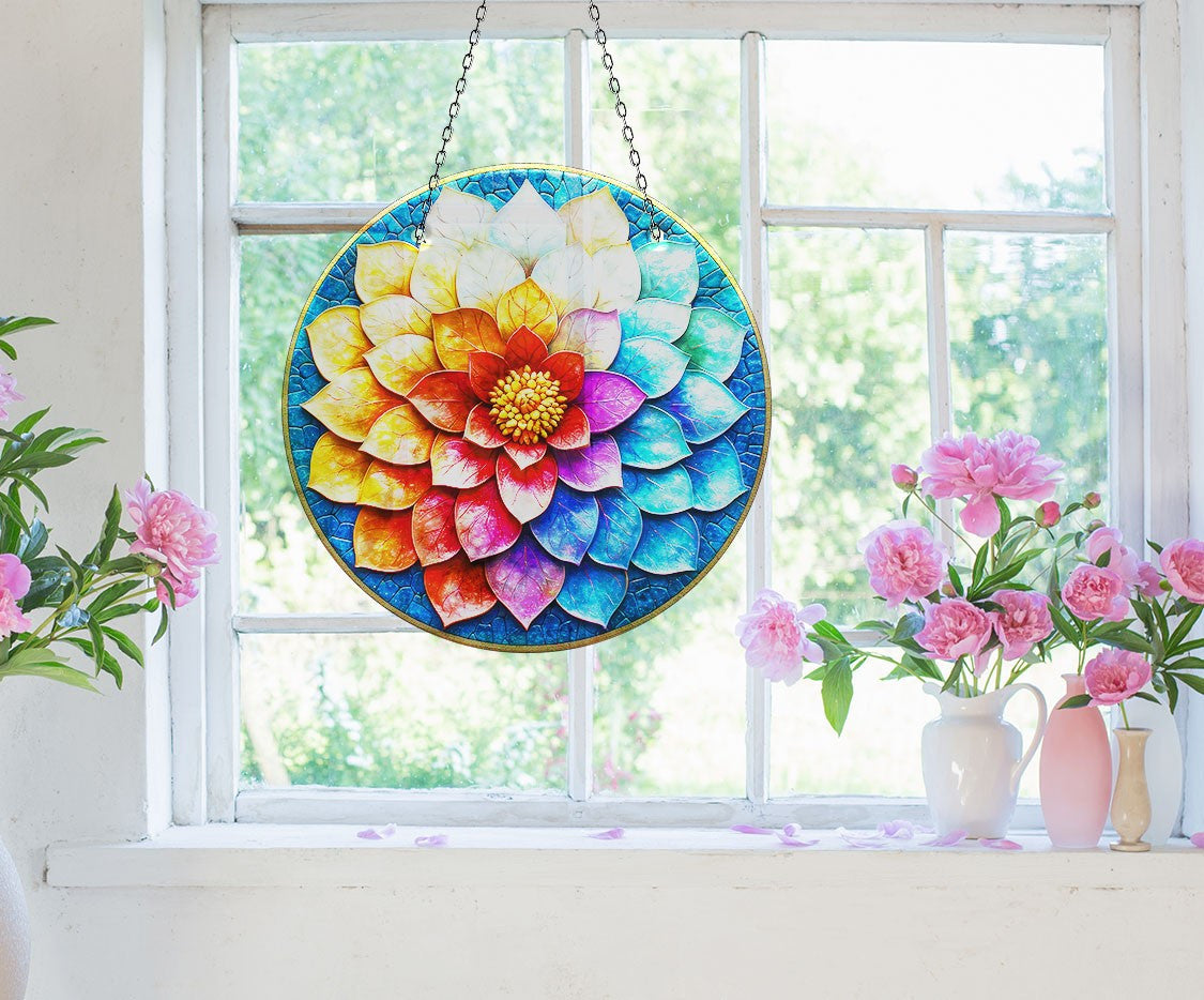 Blue Red Lotus Faux Stained Glass Suncatcher Window Hanging Home Decor Sun Catcher Gift Idea Decor