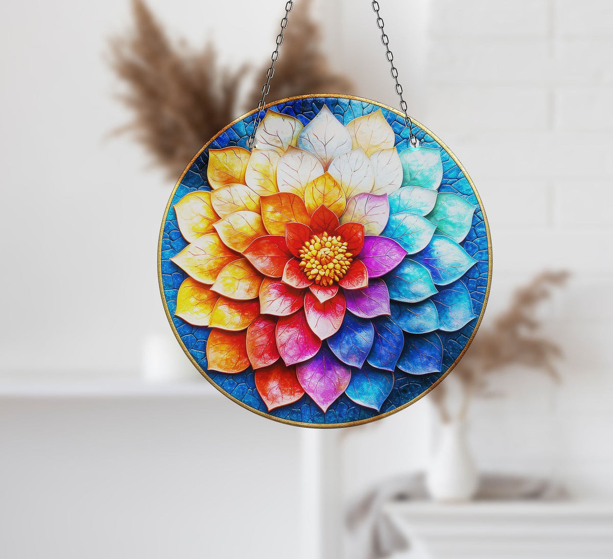 Blue Red Lotus Faux Stained Glass Suncatcher Window Hanging Home Decor Sun Catcher Gift Idea Decor