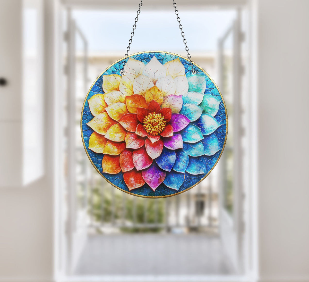 Blue Red Lotus Faux Stained Glass Suncatcher Window Hanging Home Decor Sun Catcher Gift Idea Decor