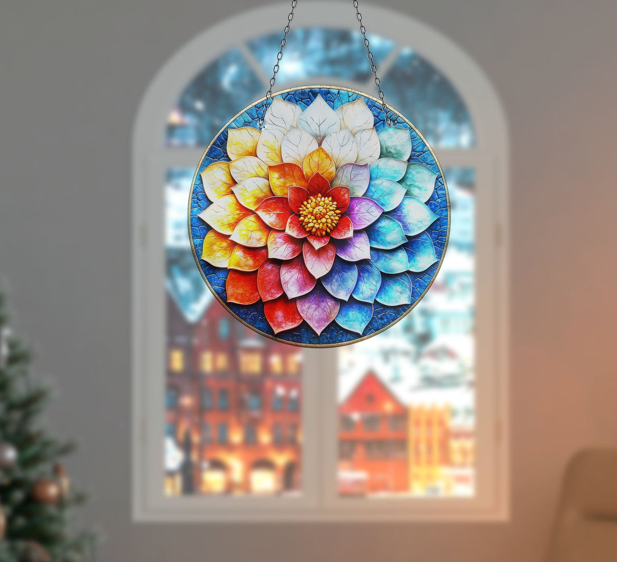 Blue Red Lotus Faux Stained Glass Suncatcher Window Hanging Home Decor Sun Catcher Gift Idea Decor