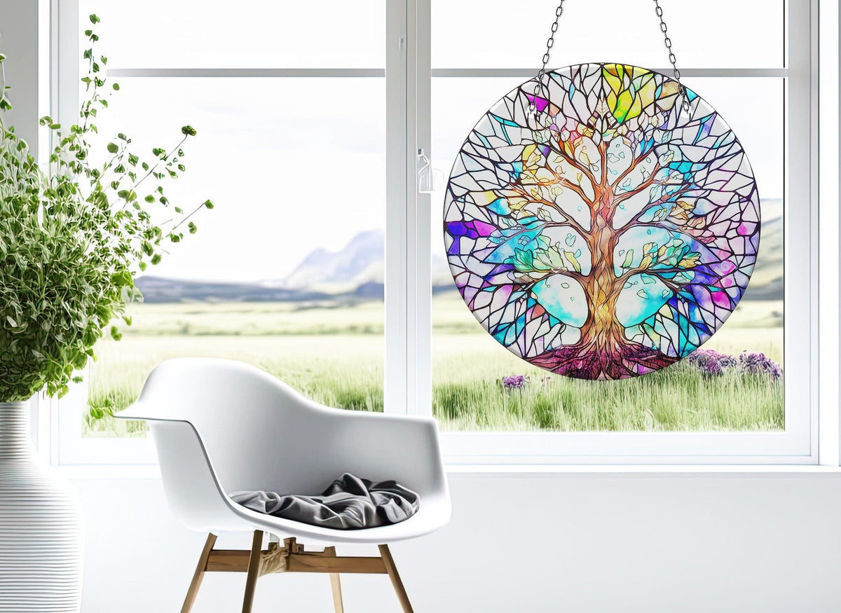 White Life of tree Faux Stained Glass Suncatcher Window Hanging Home Decor Sun Catcher Gift Idea