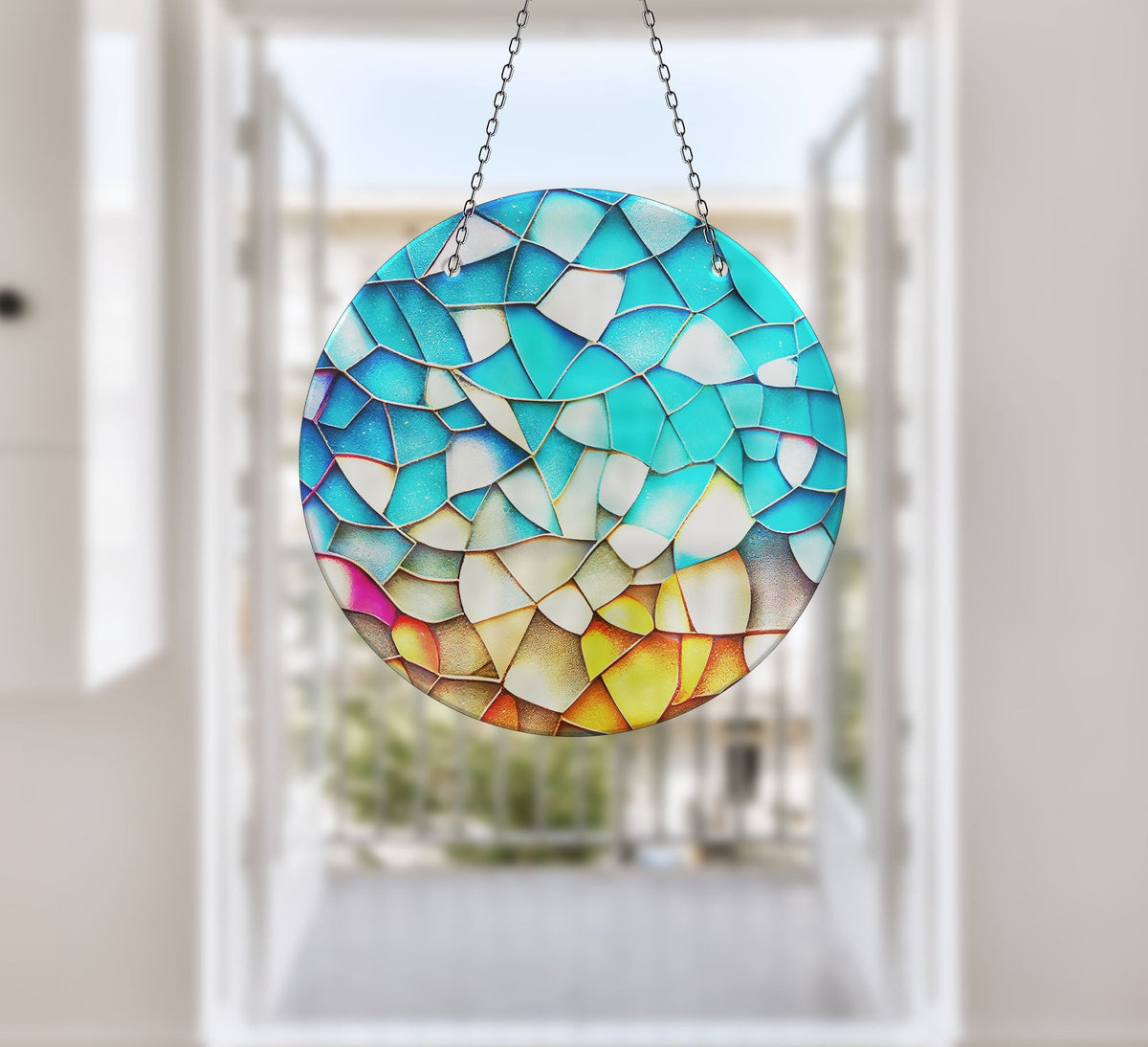 Stained Blue & Yellow Faux Stained Glass Suncatcher Window Hanging Home Decor Sun Catcher Gift Idea