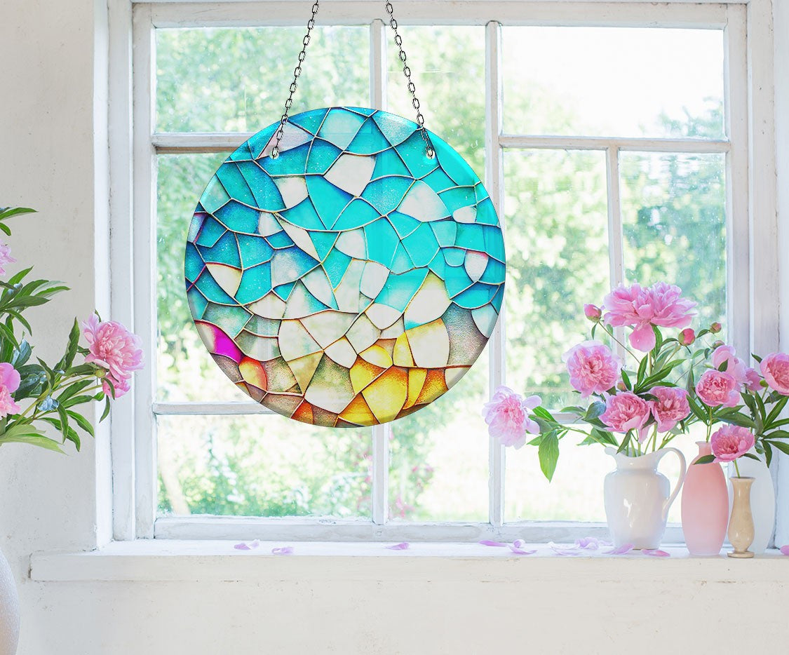 Stained Blue & Yellow Faux Stained Glass Suncatcher Window Hanging Home Decor Sun Catcher Gift Idea