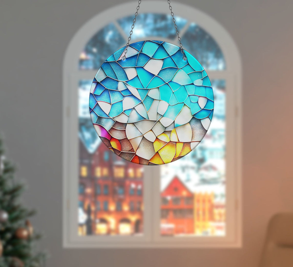 Stained Blue & Yellow Faux Stained Glass Suncatcher Window Hanging Home Decor Sun Catcher Gift Idea