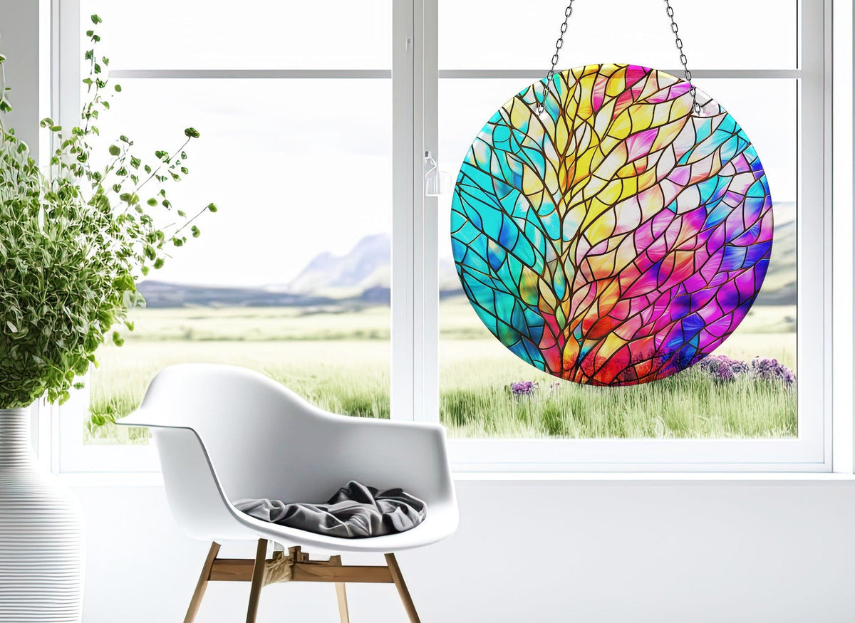 Yellow & Blue and Pink Faux Stained Glass Suncatcher Window Hanging Home Decor Sun Catcher Gift Idea