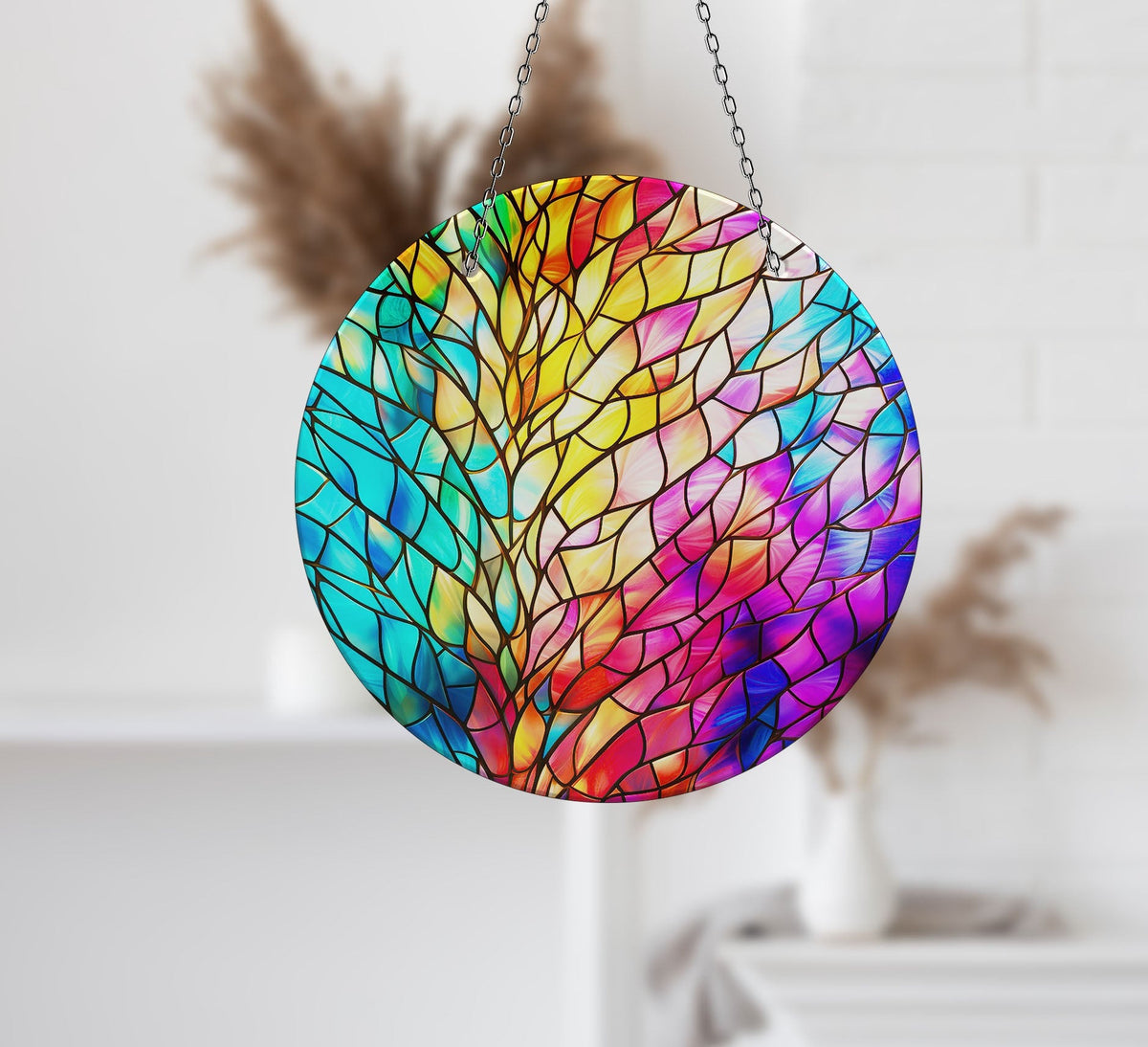 Yellow & Blue and Pink Faux Stained Glass Suncatcher Window Hanging Home Decor Sun Catcher Gift Idea