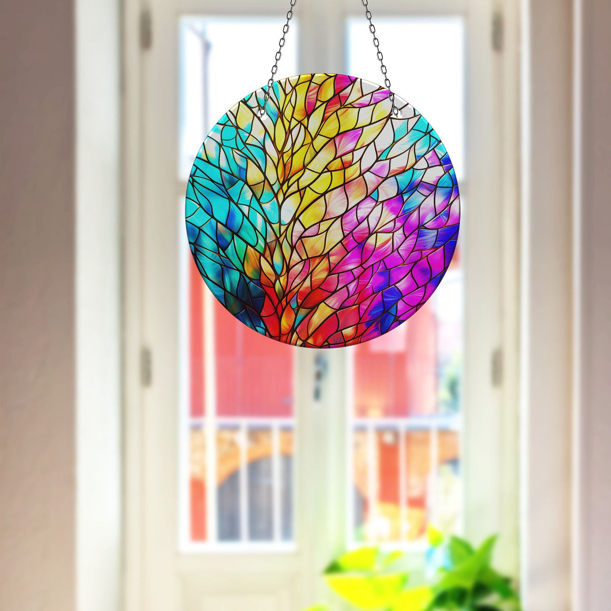 Yellow & Blue and Pink Faux Stained Glass Suncatcher Window Hanging Home Decor Sun Catcher Gift Idea