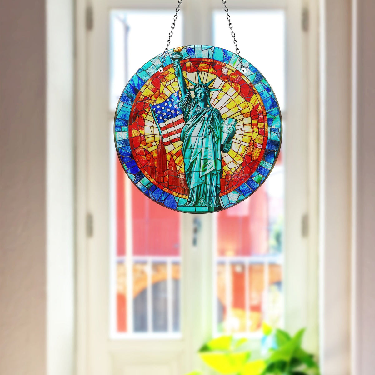 American Statue Of Liberty Faux Stained Glass Suncatcher Window Hanging Home Decor Sun Catcher Gift Idea