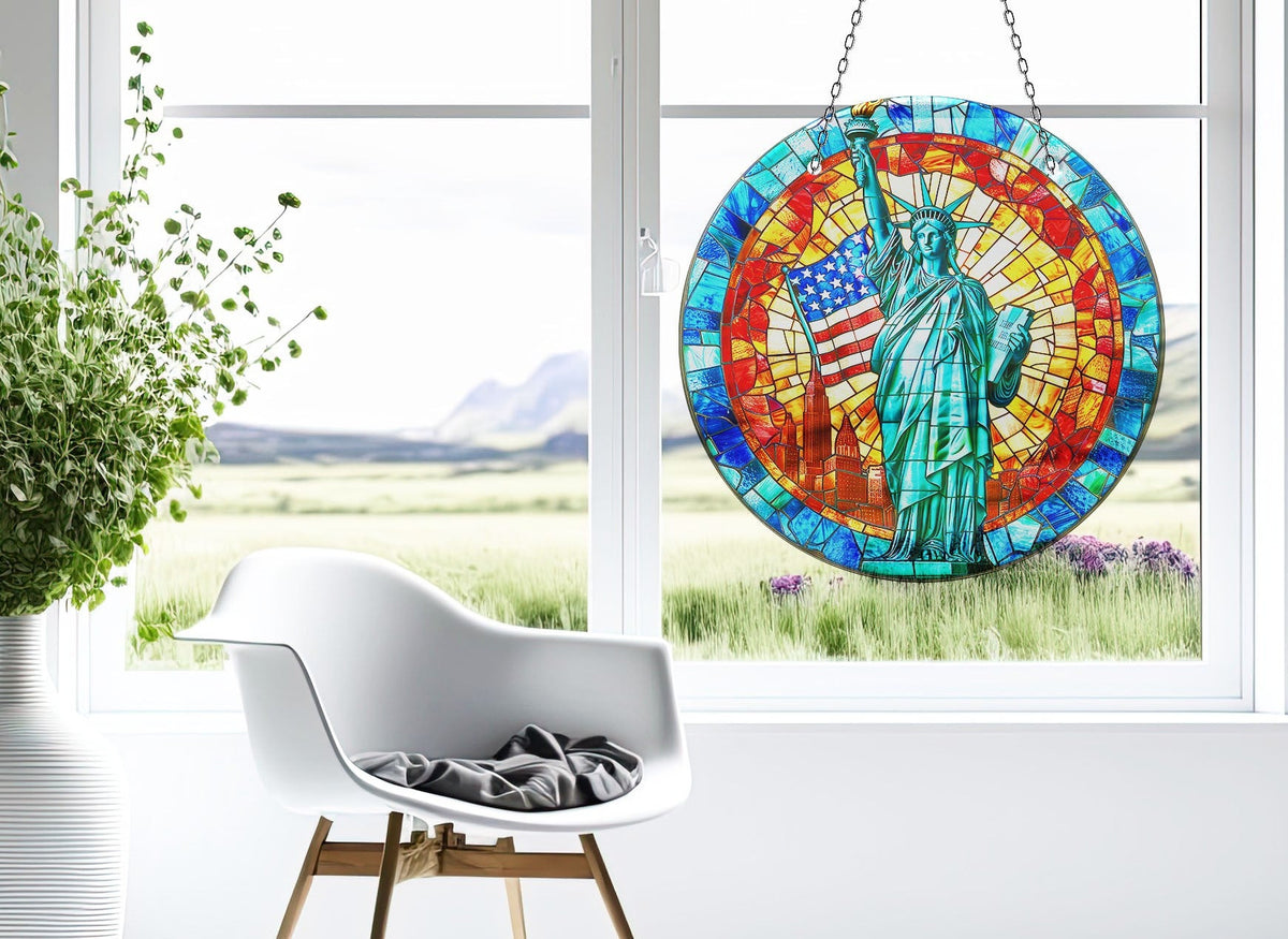 American Statue Of Liberty Faux Stained Glass Suncatcher Window Hanging Home Decor Sun Catcher Gift Idea