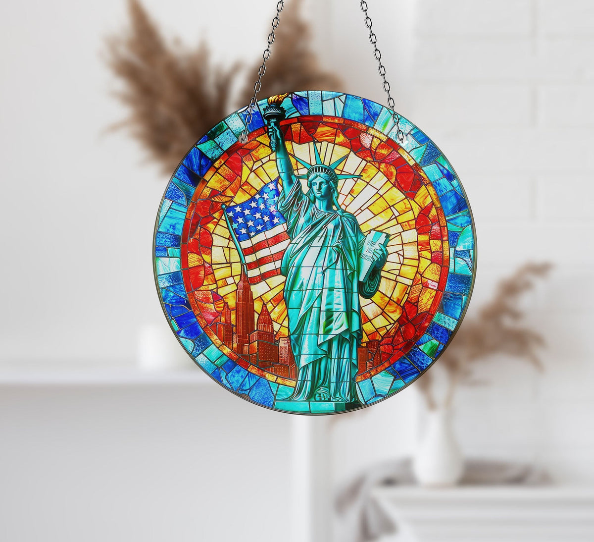 American Statue Of Liberty Faux Stained Glass Suncatcher Window Hanging Home Decor Sun Catcher Gift Idea
