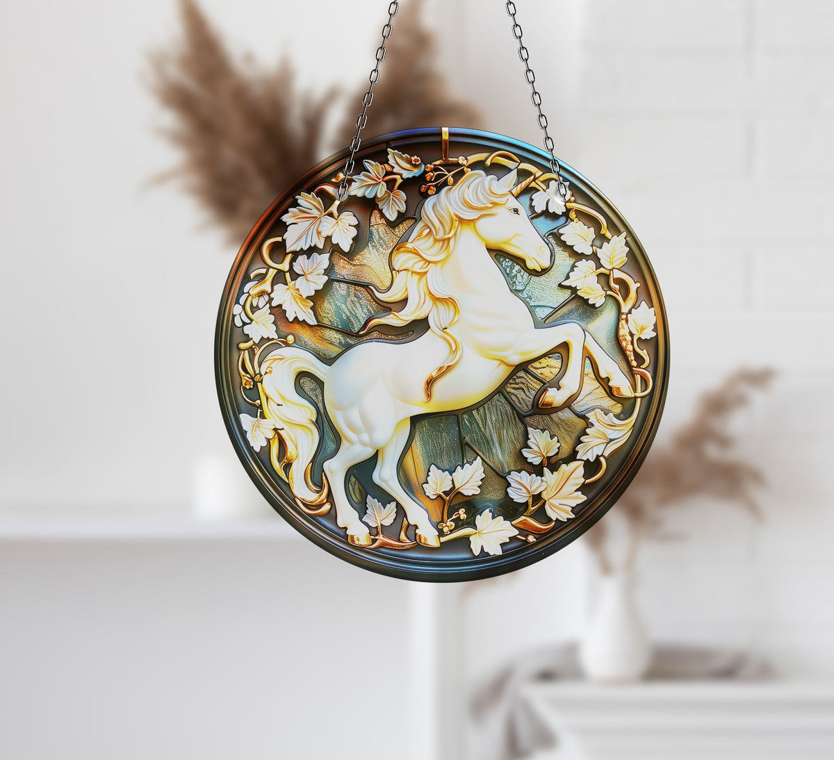 White Horse Stained Faux Stained Glass Suncatcher Window Hanging Home Decor Sun Catcher Gift Idea