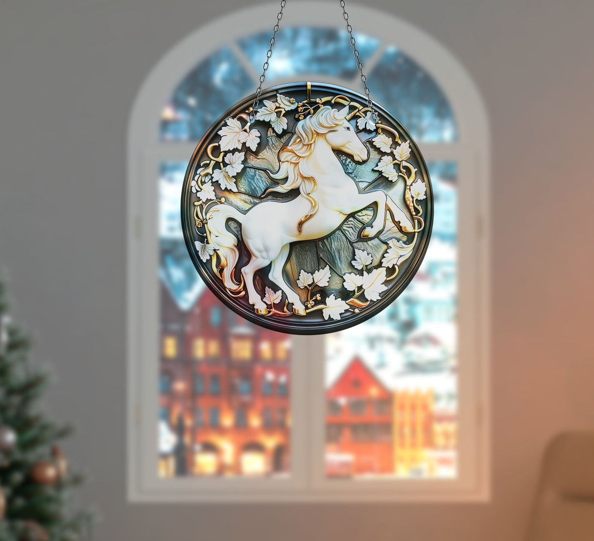 White Horse Stained Faux Stained Glass Suncatcher Window Hanging Home Decor Sun Catcher Gift Idea