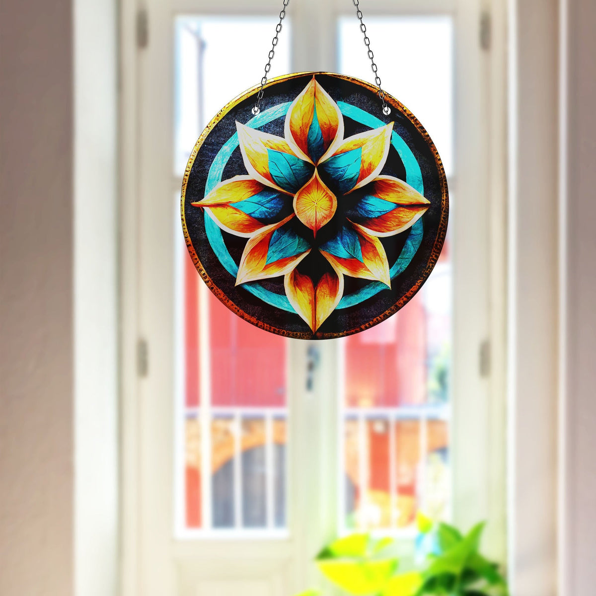 Turquoise Lotus Faux Stained Glass Suncatcher Window Hanging Home Decor Sun Catcher Gift Idea Decor