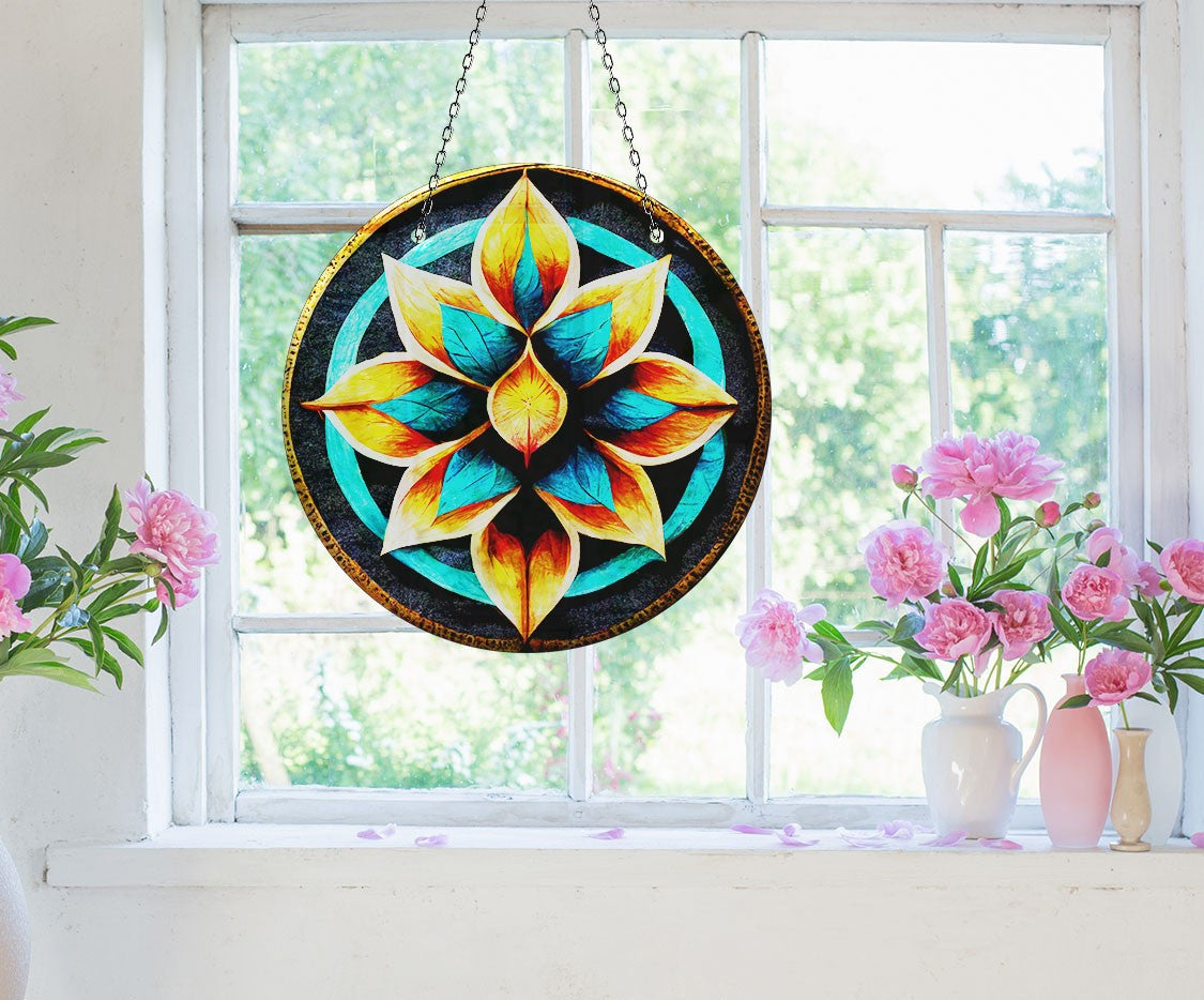 Turquoise Lotus Faux Stained Glass Suncatcher Window Hanging Home Decor Sun Catcher Gift Idea Decor