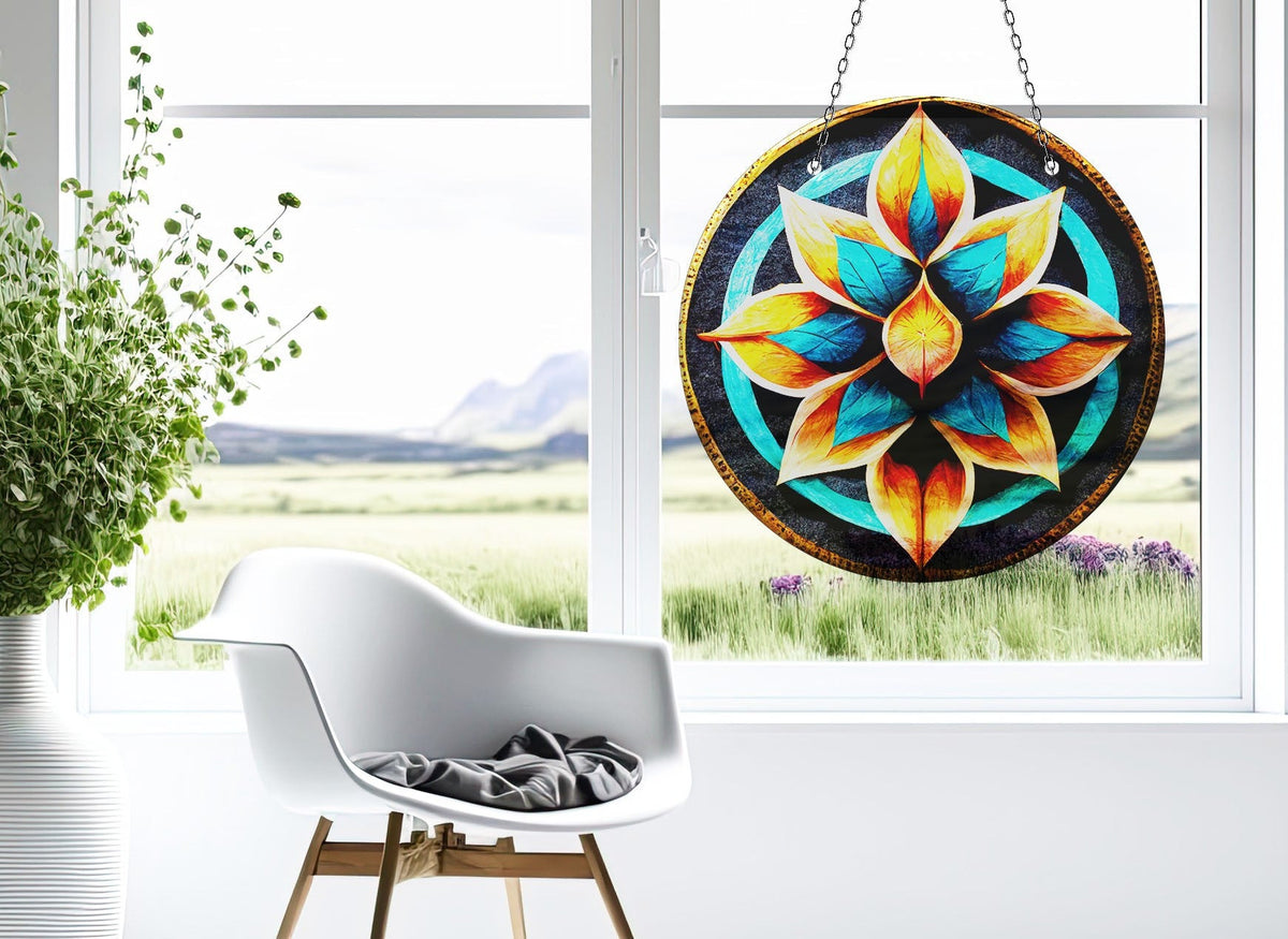 Turquoise Lotus Faux Stained Glass Suncatcher Window Hanging Home Decor Sun Catcher Gift Idea Decor