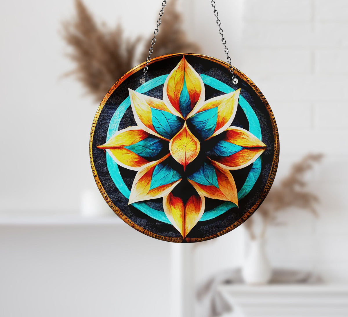 Turquoise Lotus Faux Stained Glass Suncatcher Window Hanging Home Decor Sun Catcher Gift Idea Decor