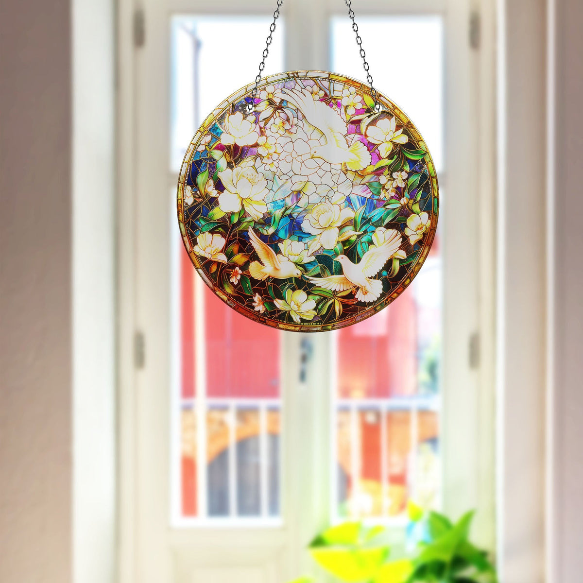 White Birds Faux Stained Glass Suncatcher Window Hanging Home Decor Sun Catcher Gift Idea Decor